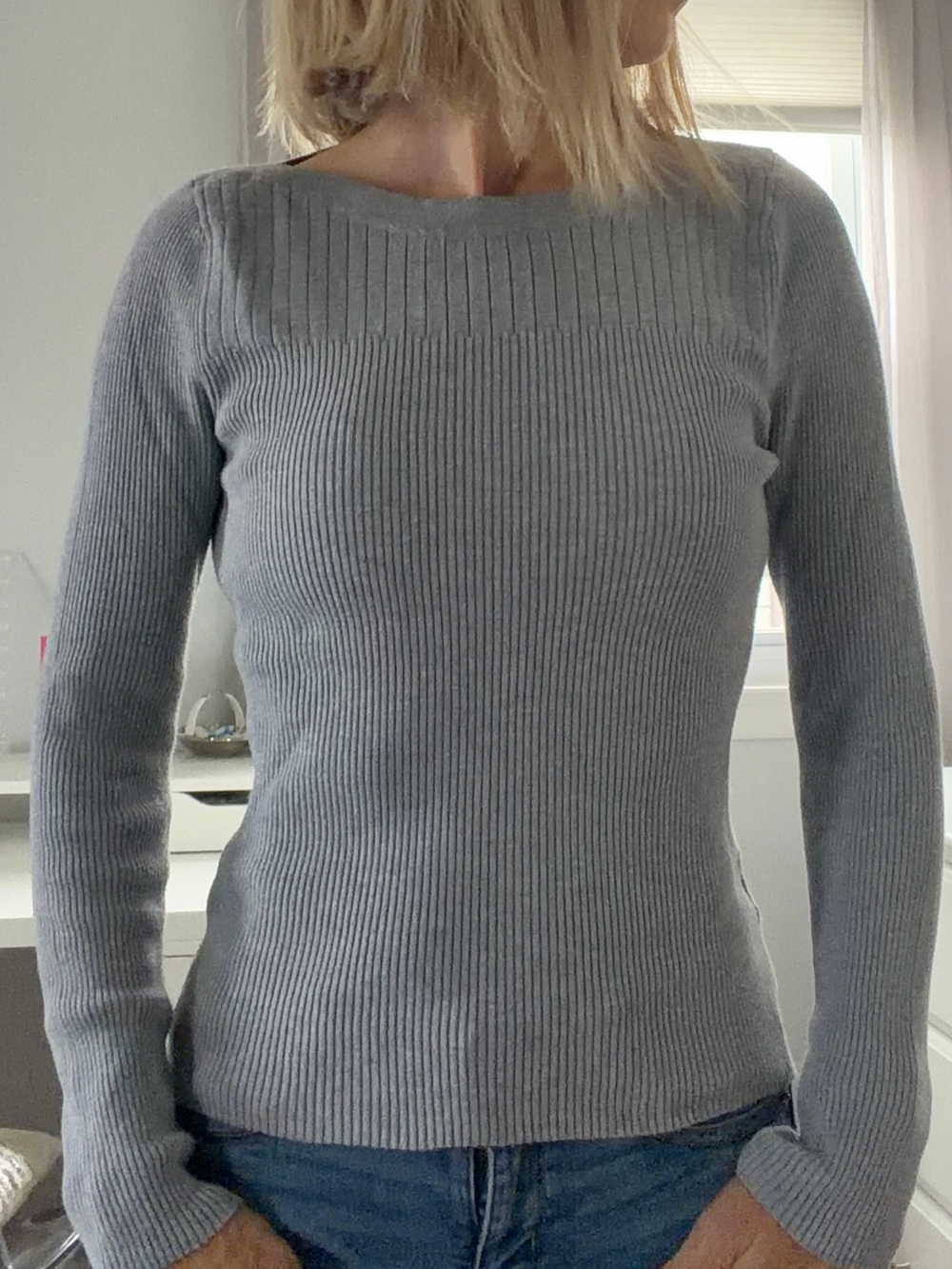 Nine West Ribbed Long-Sleeve Sweater in Gray
